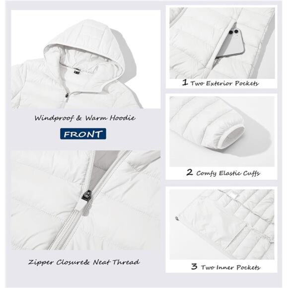 Women's Lightweight Hooded Puffer Jacket: Quilted Padded Coat with 4 Pockets - Picture 4 of 7